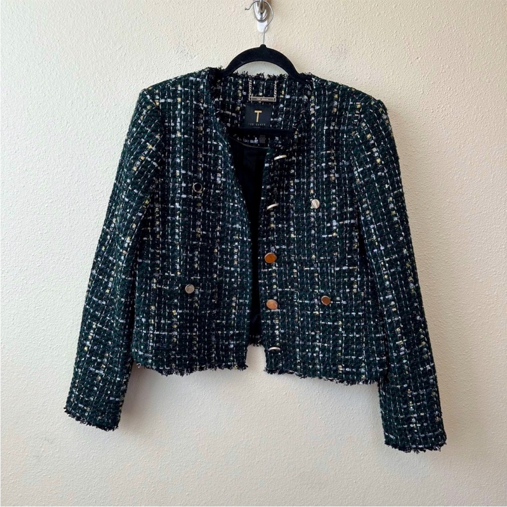 Ted Baker Sz 4 Dk Green Metallic Thread Boucle Cropped Jacket